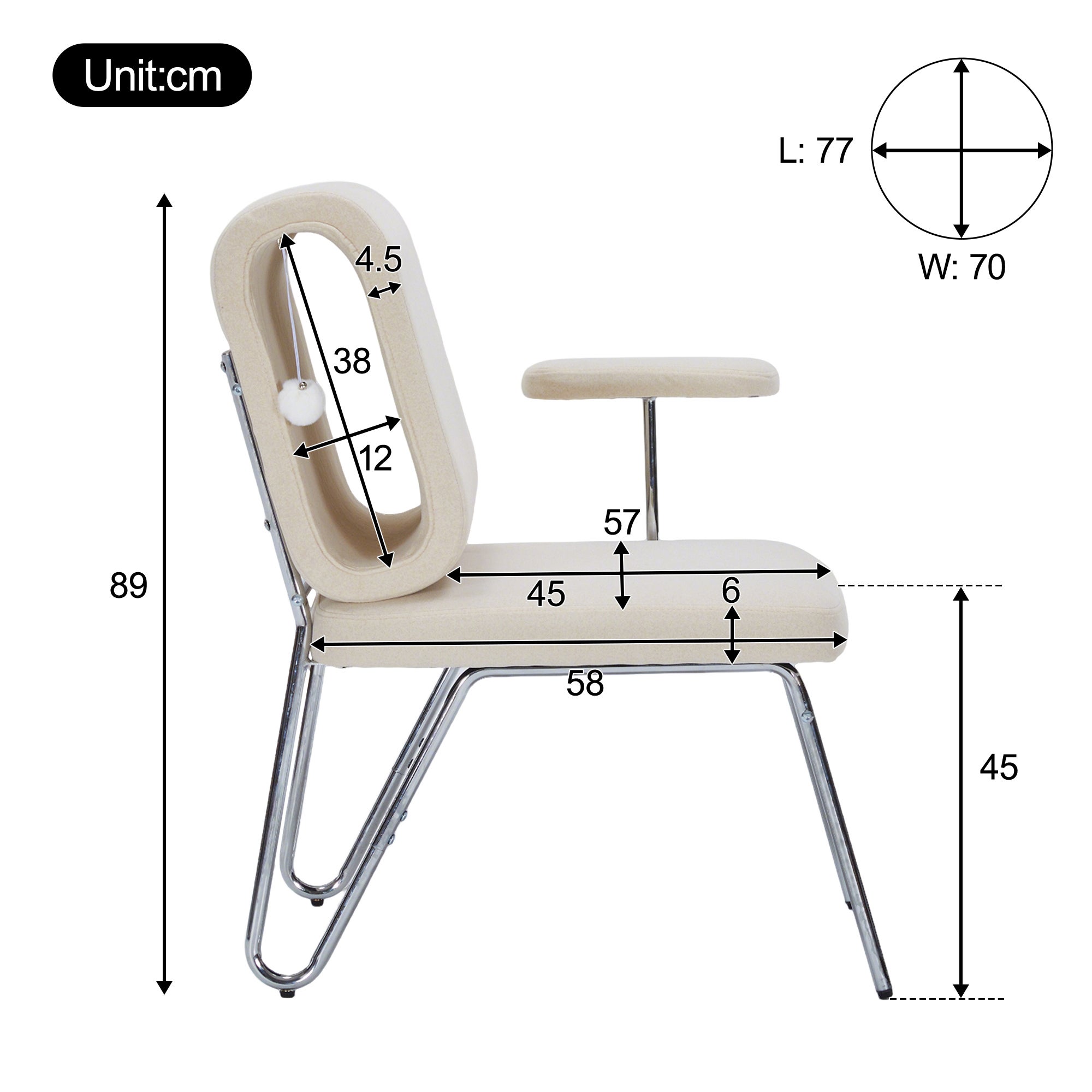Chaise de bureau rembourré avec accoudoirs - 77 x 70 x 89 cm - Bois + Acier + Tissu anti-griffures - Panier pour chat - Beige - 10