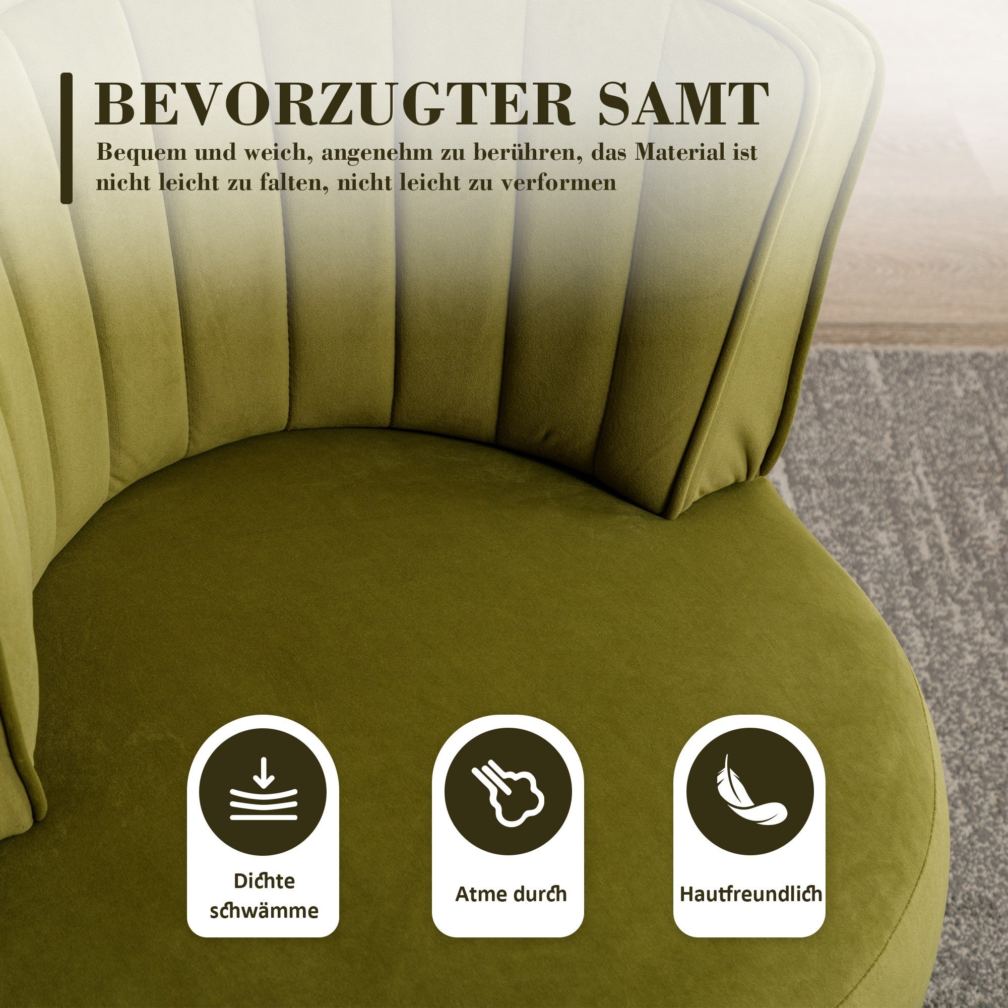 Fauteuil Pivotant 360° Velours Vert Olive - Chaise Lounge Moderne & Confortable - Structure Bois Robuste pour Salon & Chambre - 6