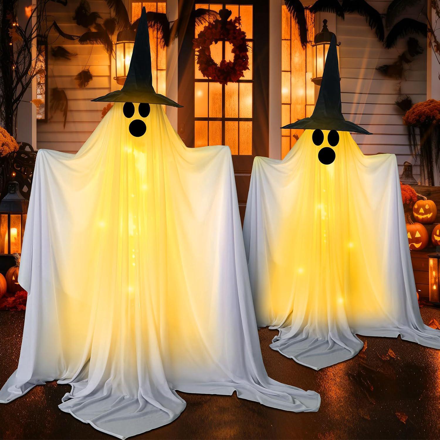 Zestaw halloweenowych dekoracji upiorne duchy z girlandą świetlną i kapeluszem czarownicy stojak zewnętrzny świecąca dekoracja duchów na Halloween