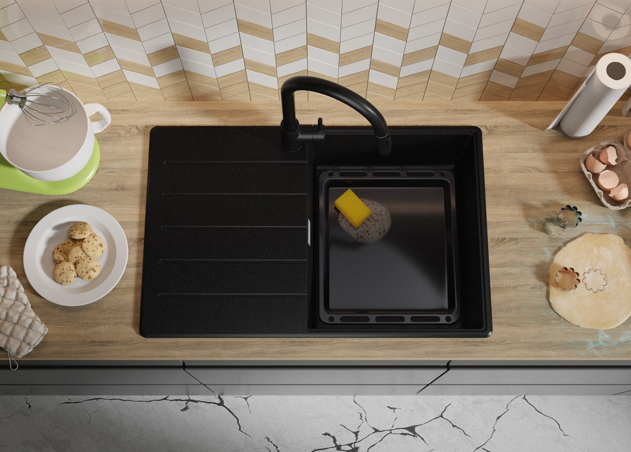 Evier Cuisine en Granit Noir 78x50cm, Lavabo 1 bac + Kit de Vidage + Planche à Découper, Évier à Encastrer au meuble 50cm - Copenhague PRIMAGRAN - 4