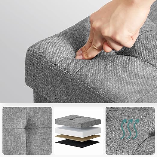 Pouf, Coffre de Rangement, Tabouret avec Repose-Pieds, Pliable, Banc avec Rangement, 38 x 38 x 40 cm, Gris Clair - 4