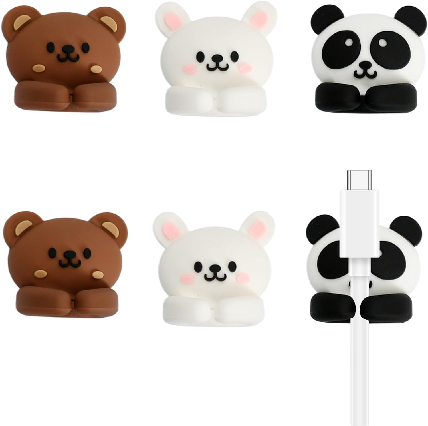 Zestaw 6 naklejek na organizery kabli z klipsami – motyw zwierzęcy (panda, niedźwiedź, królik) – na biurko, klucze, kable i pędzle do makijażu