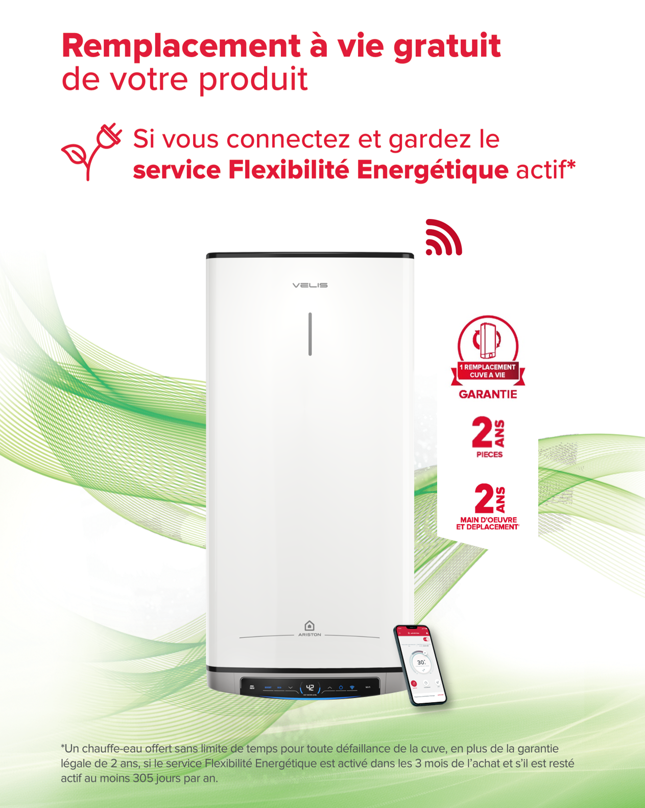 Ariston VELIS EVO DUNE DRY WIFI FE 65 l - Chauffe-eau électrique ultra plat 27cm multiposition - Pose verticale-horizontale - 3