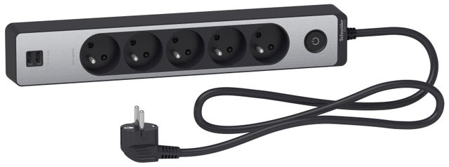Bloc multiprise 5 prises 2P+T + 2 USB - Noir et alu - Schneider