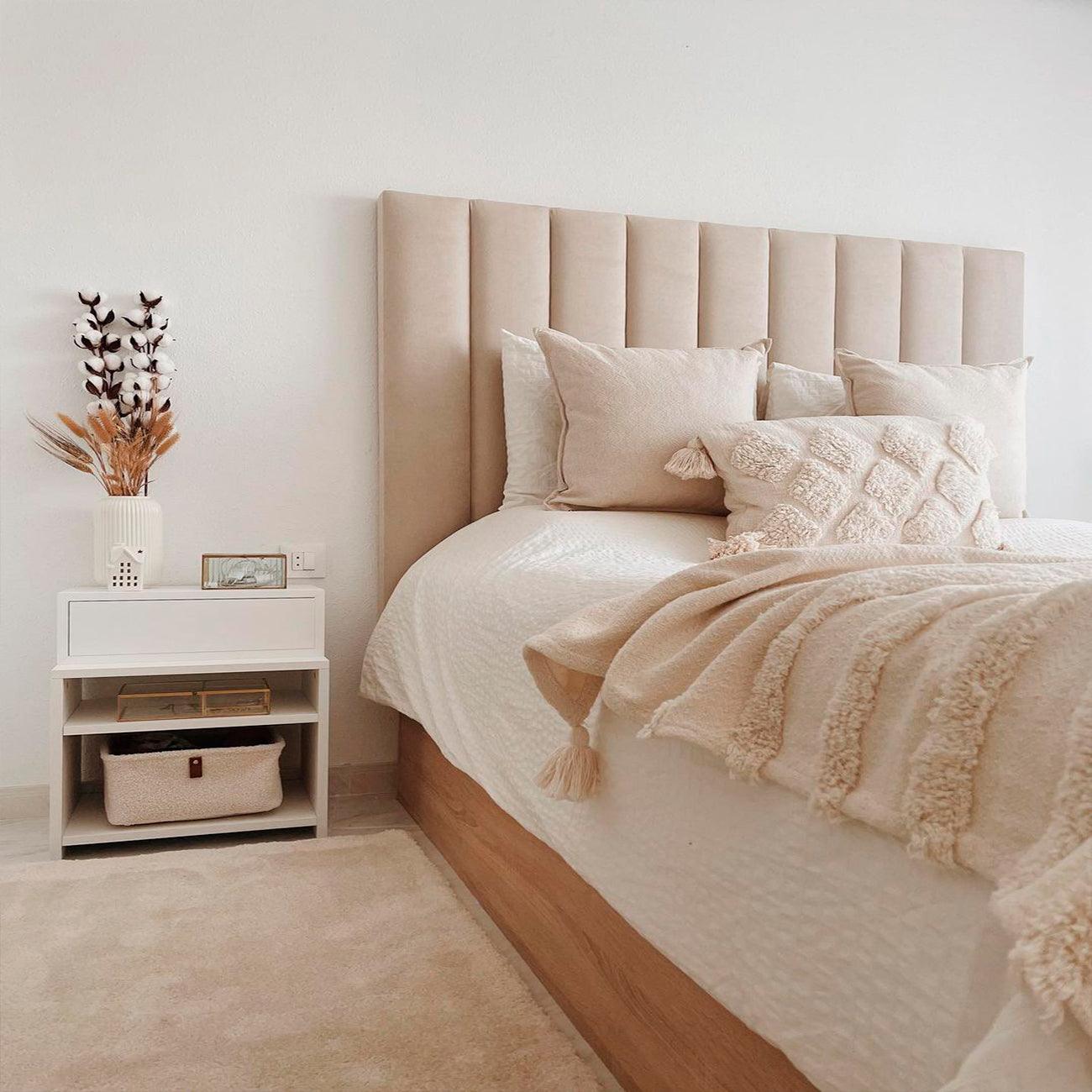 Cabecero tapizado nórdico líneas verticales tela antimanchas Beige para cama 135 cm - 145x125 cm - 2