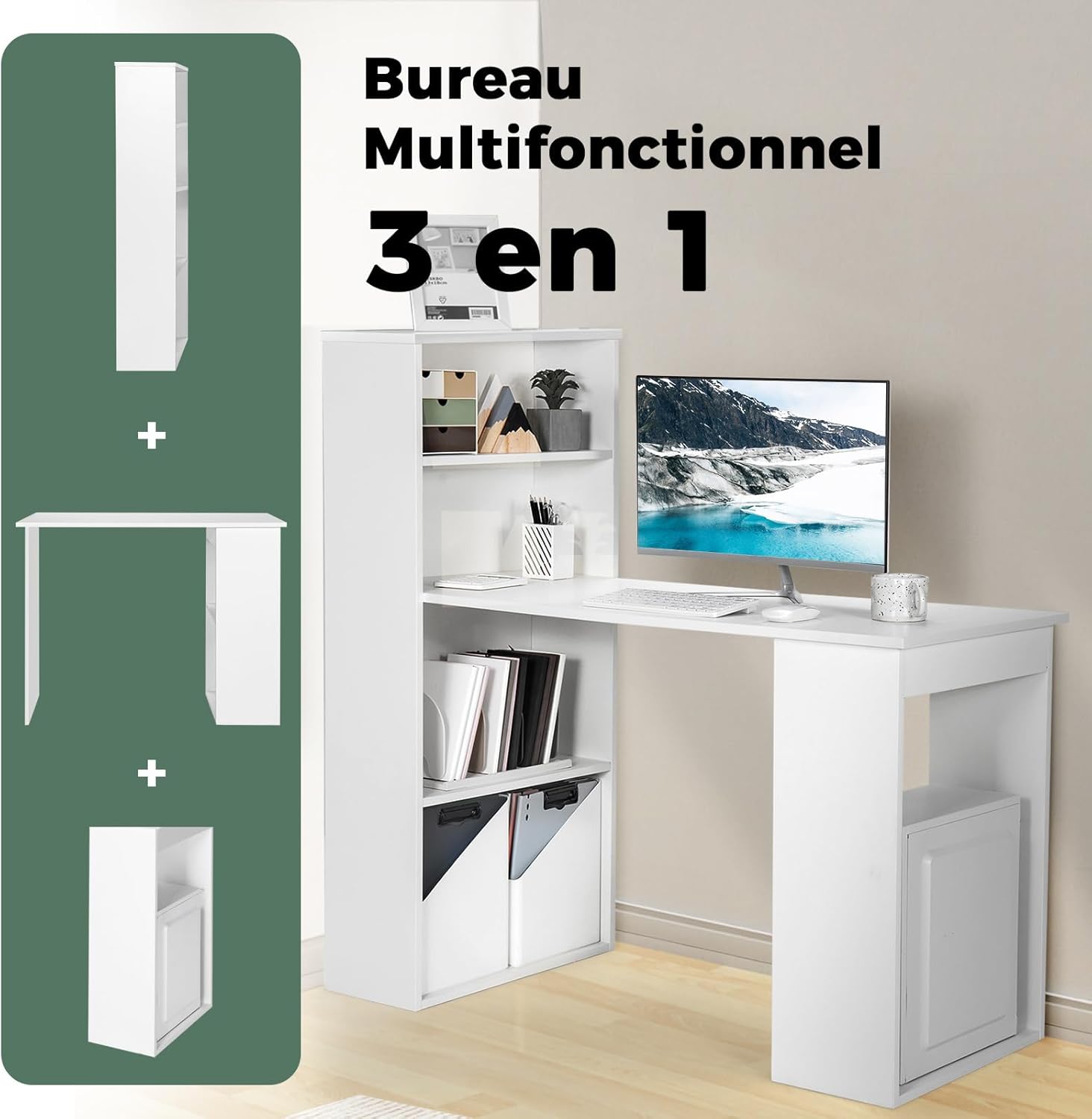 Bureau d'Ordinateur Réversible avec Bibliothèque,Assemblage Facile, pour Maison, Bureaux (Blanc) - 6
