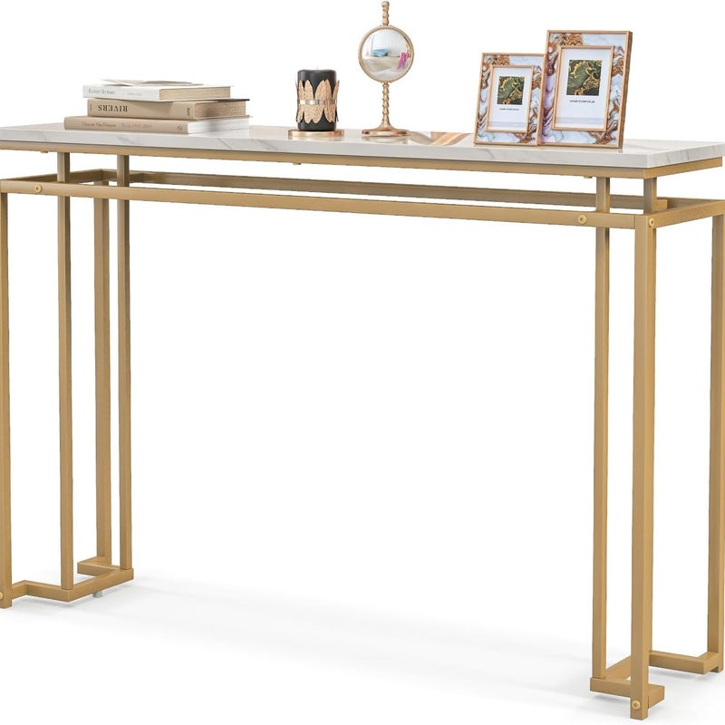 Stolik Konsolowy 120 cm, Smukły Stolik do Przedpokoju z Blatem z Imitacji Marmuru, Regulowanymi Nóżkami i Zabezpieczeniem przed Przewróceniem