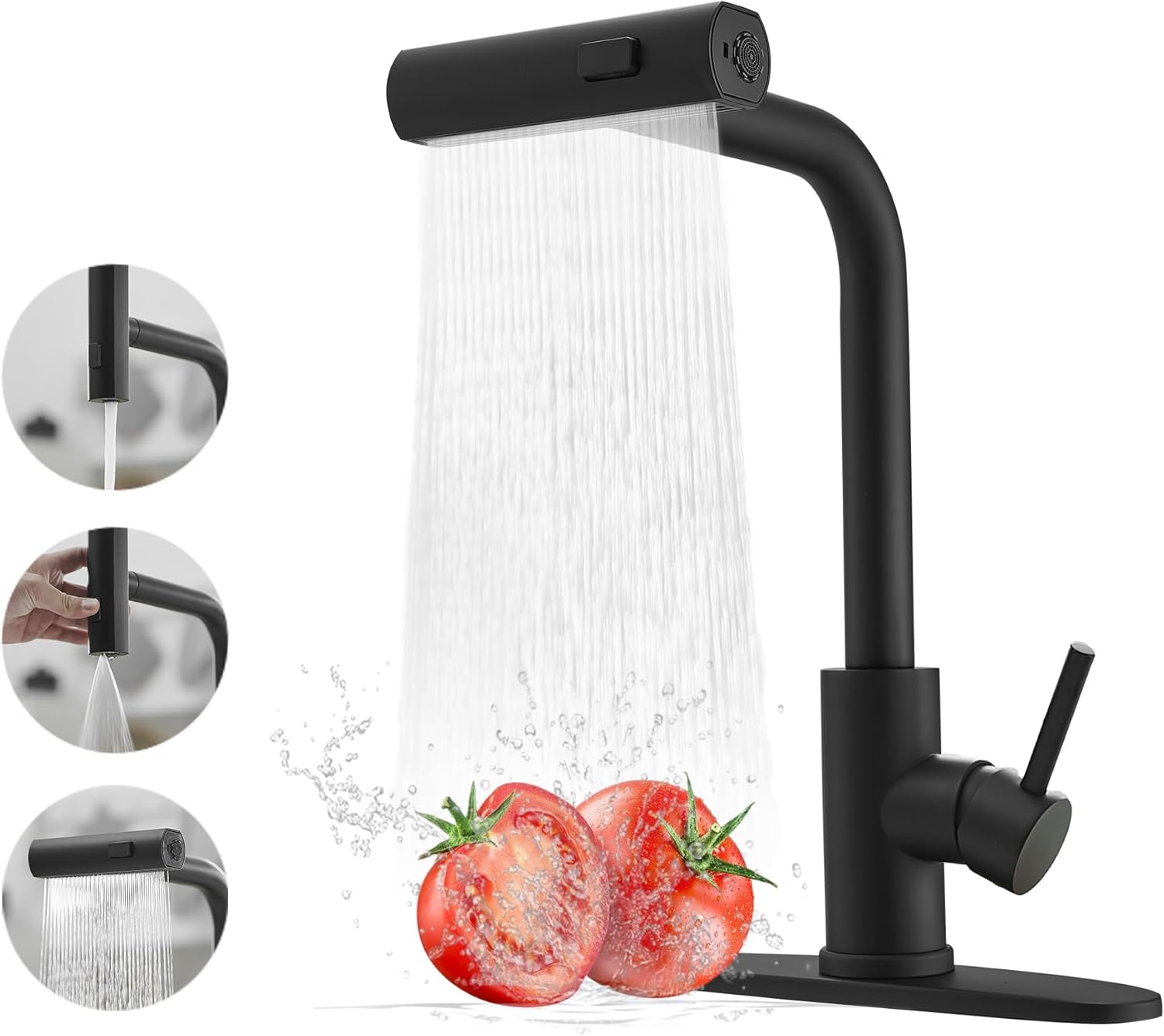 Bateria kuchenna typu wodospad, mieszaczowa z wyciąganą wylewką, ciepła i zimna woda, czarna (3 funkcje)