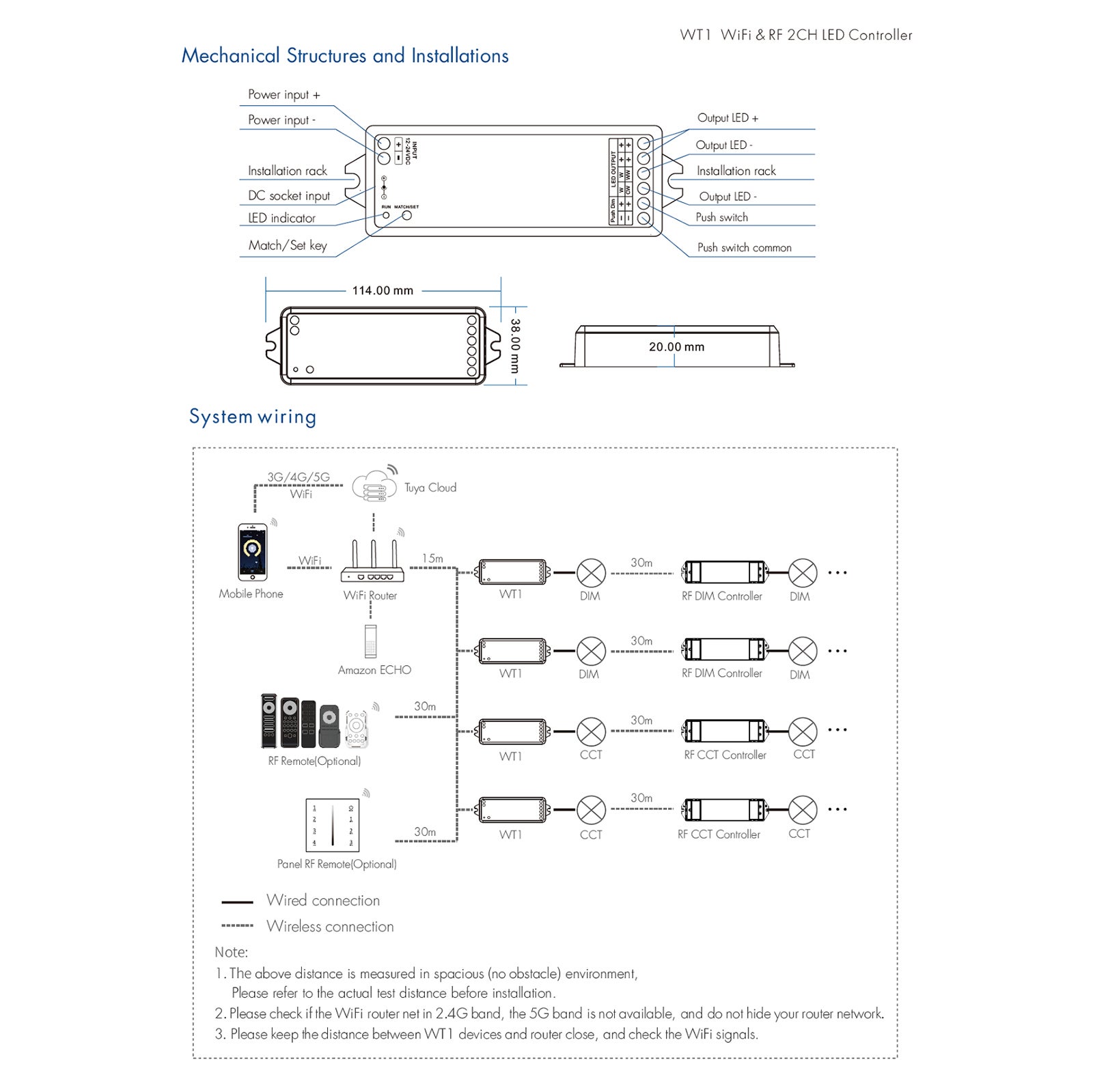 WT1 Contrôleur LED intelligent WiFi pour bandes de projecteurs Unité de commande WiFi Dimmer 2,4 G CCT 2 CH 12-24 V Commande vocale Google Alexa - 6
