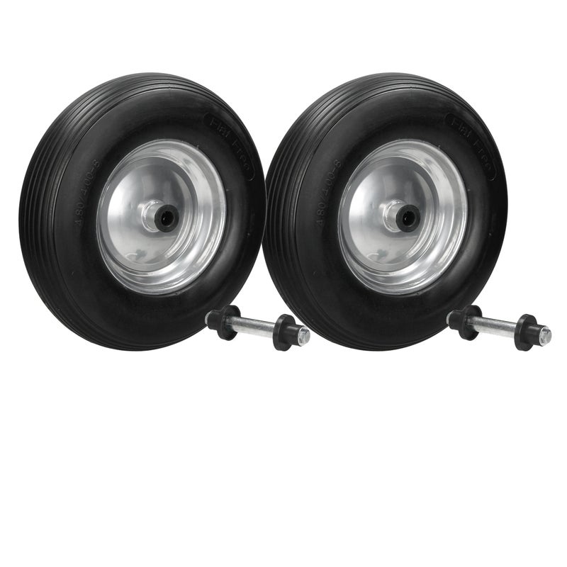 ECD Germany 2 sztuki Kolo do taczki wykonane z odpornej na przebicie pelnej gumy PU z osia - opona z felga stalowa - 4,80/4,00-8 - srednica 390 mm -