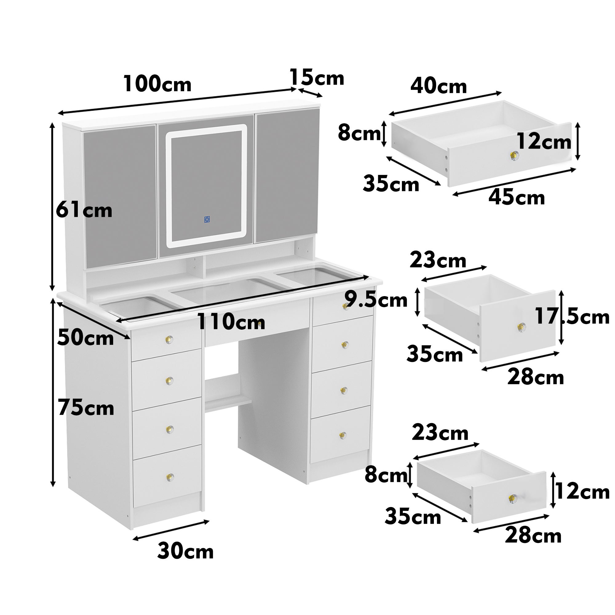 Coiffeuse avec miroir en MDF Blanc H. 137.0 x l. 110.0 x P. 50.0 cm - 2