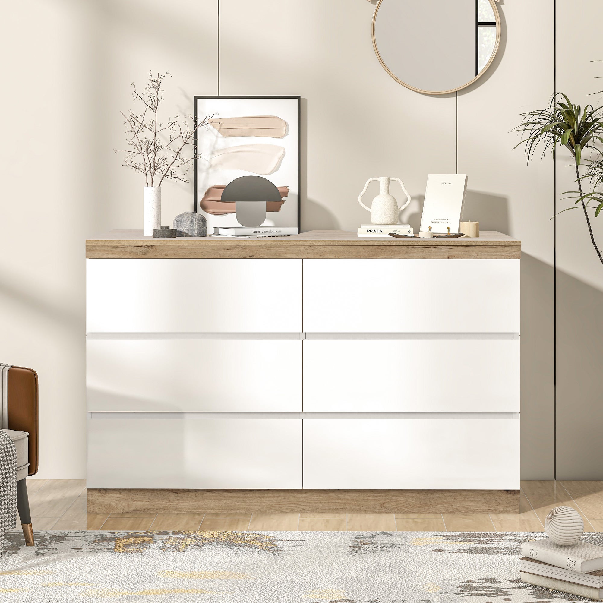 Armadietto con 6 cassetti e funzione di contenitore per camera da letto e soggiorno E1 pannello di particelle bianco + rovere - 4