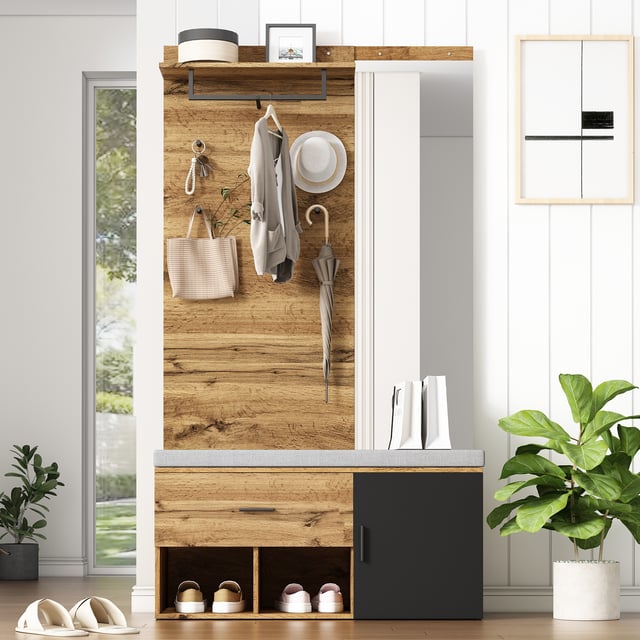 Scarpiera con panca, specchio e appendiabiti - 104 x 39 x 190 cm - Truciolare - Rovere