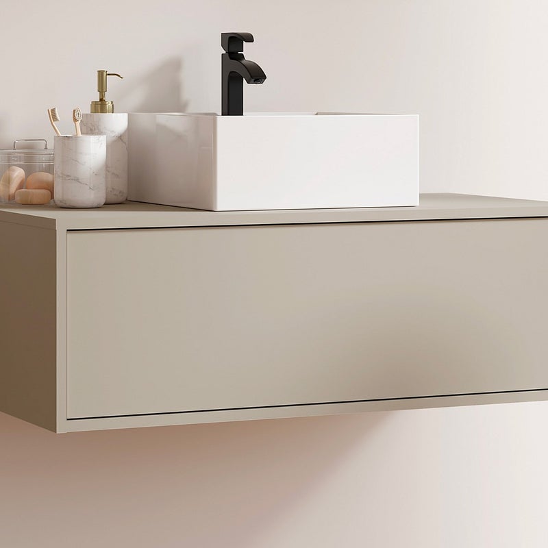 Szafka łazienkowa wisząca beżowa z kwadratową umywalką - 94 cm - TEANA II