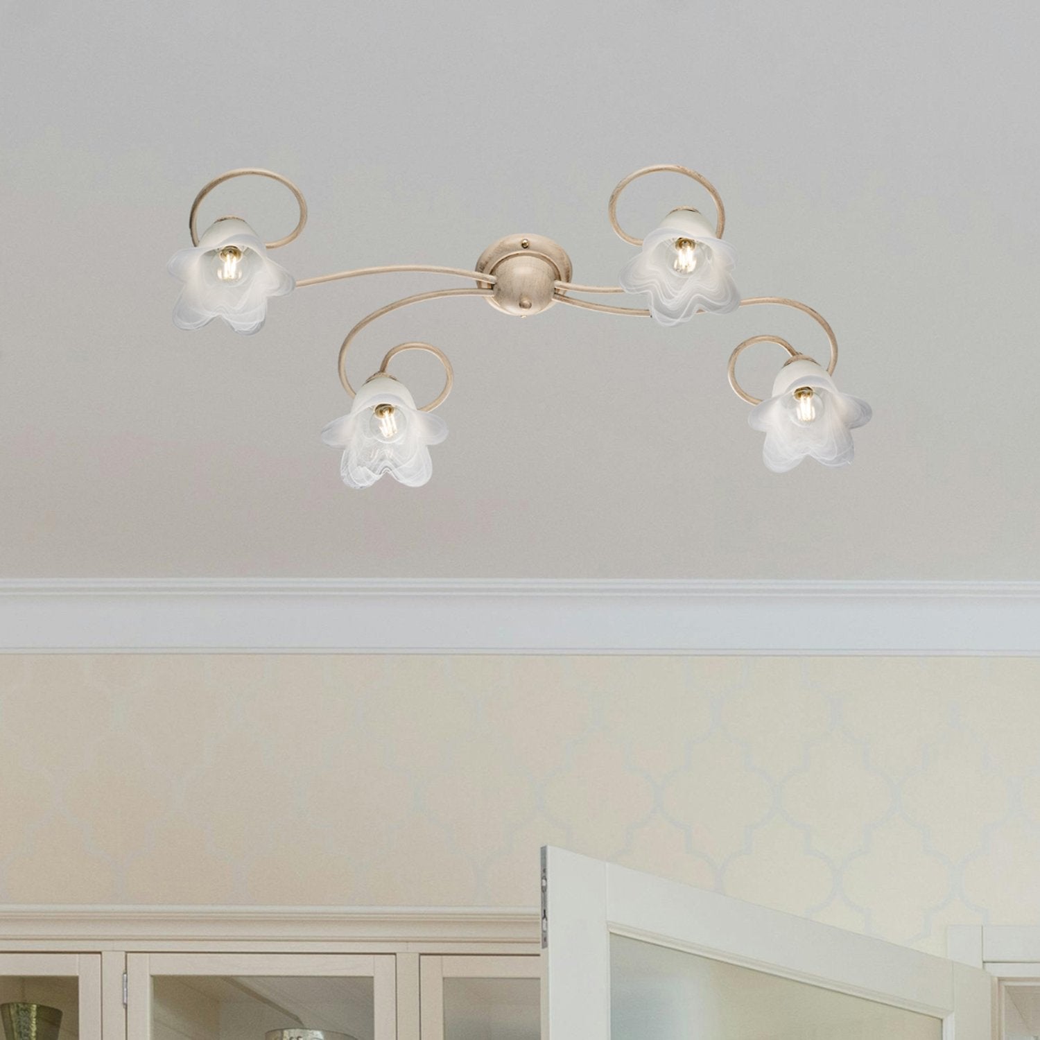 Plafonnier Alice ivoire, déco or antique, verre albâtre d.14, 4 lumières 87x40 cm, idéal entrée ou couloir - 3