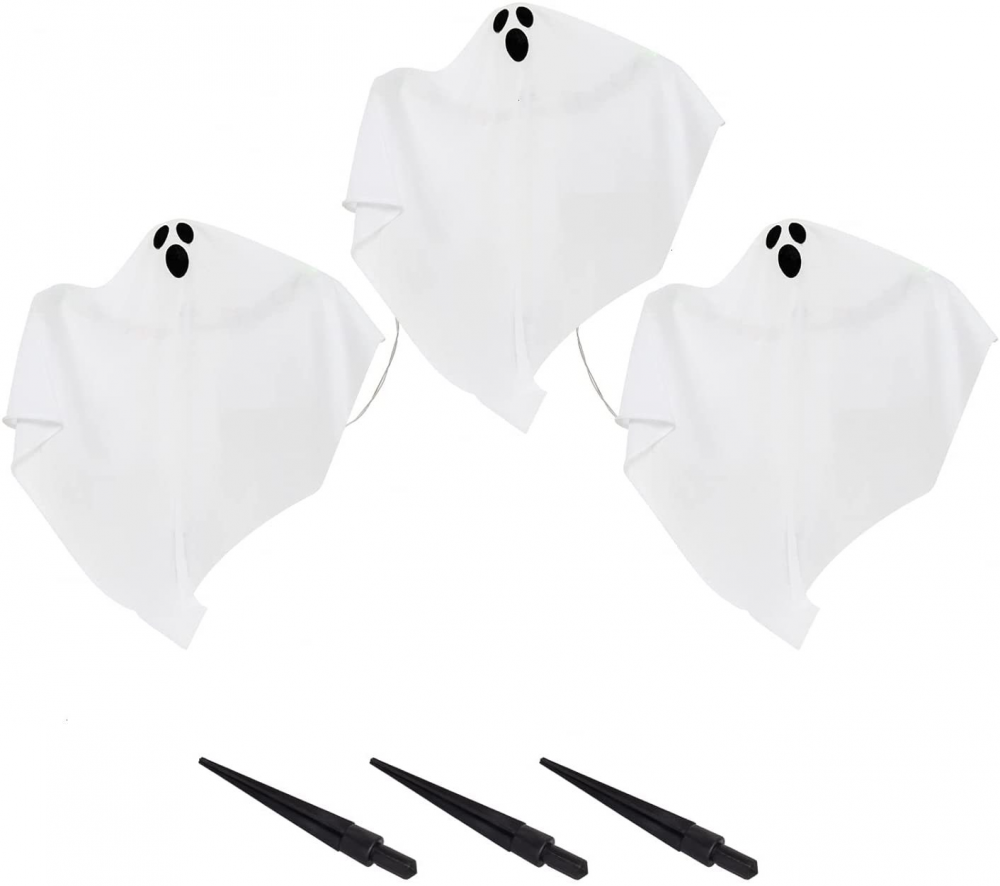 Zestaw 3 figurek Halloween Ghost Outdoor z kołkami ogrodowymi LED i wtyczką uziemiającą. Straszna czaszka, dekoracja domu z duchami.