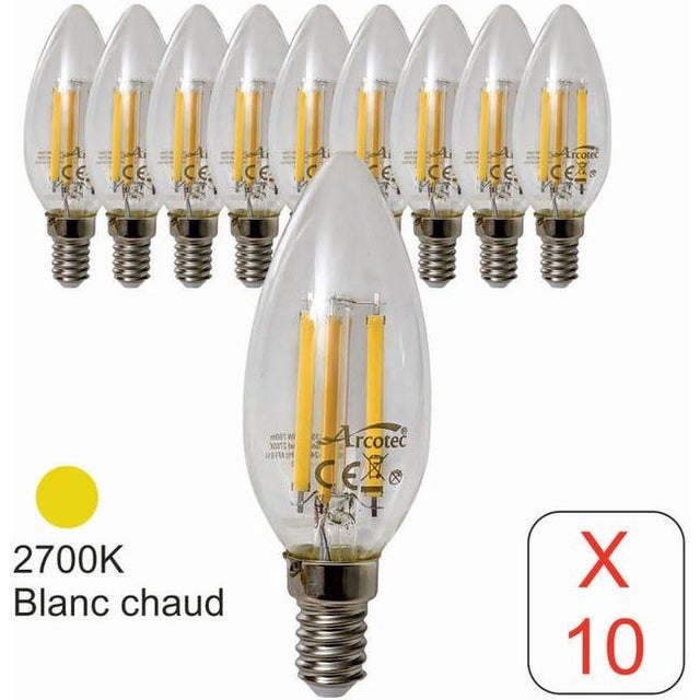 Lot de 10 ampoules LED filament E14 flamme 6W 750Lm 2700K - garantie 2 ans