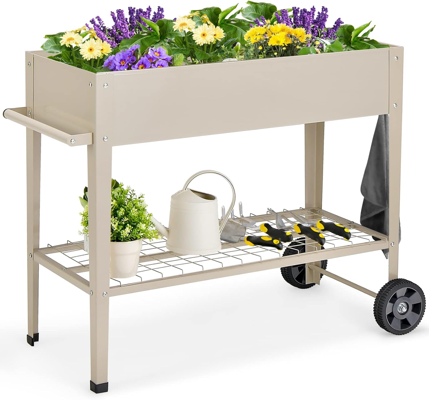 Podwyższona Donica na Kółkach z Półką i 2 Haczykami do Ogrodnictwa, Grządka Ogrodowa na Warzywa, Zioła, Kwiaty (Biała)