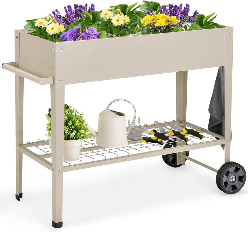 Podwyższona Donica na Kółkach z Półką i 2 Haczykami do Ogrodnictwa, Grządka Ogrodowa na Warzywa, Zioła, Kwiaty (Biała)