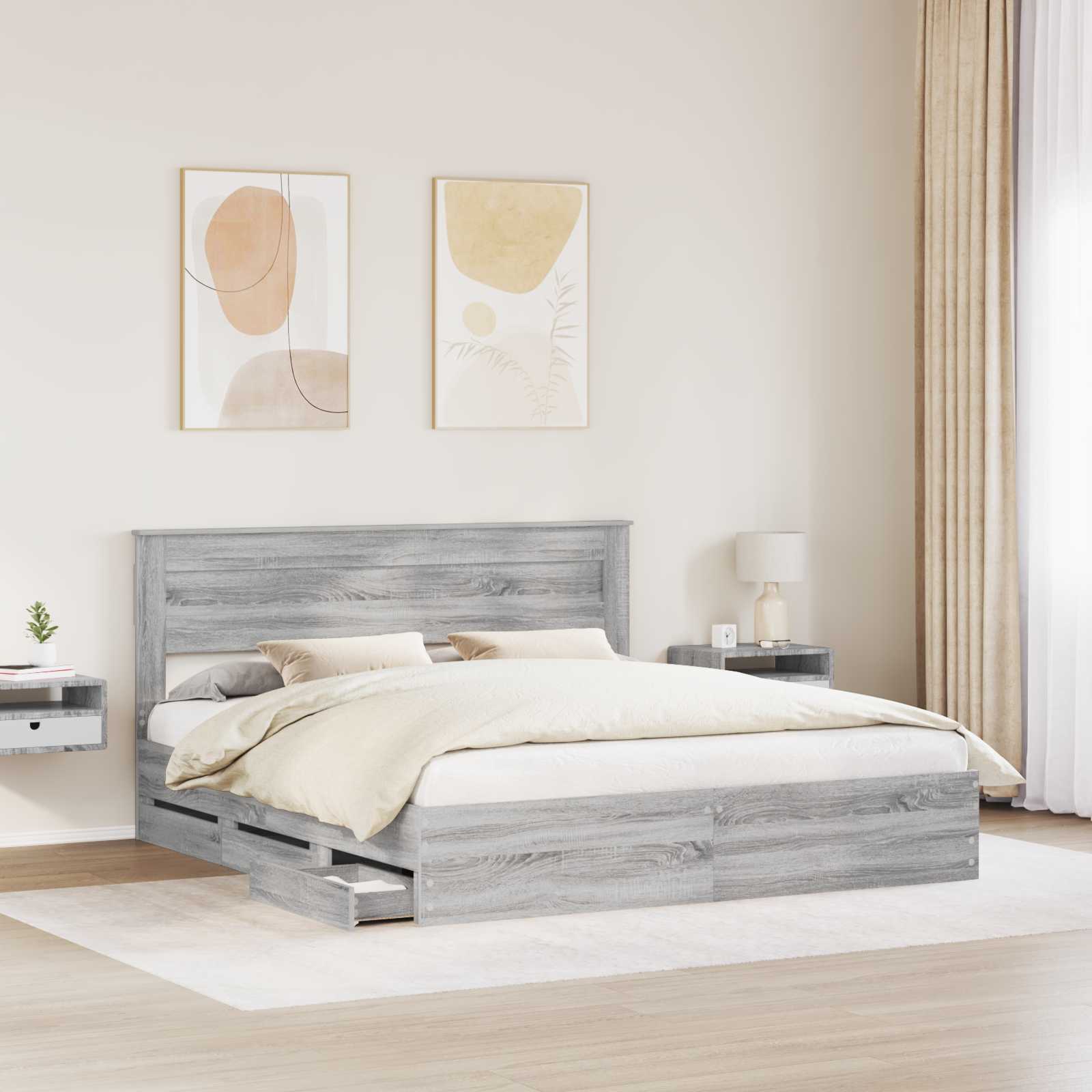 Cadre de lit gris en panneau de bois pour la chambre, 200 × 200 cm - 3