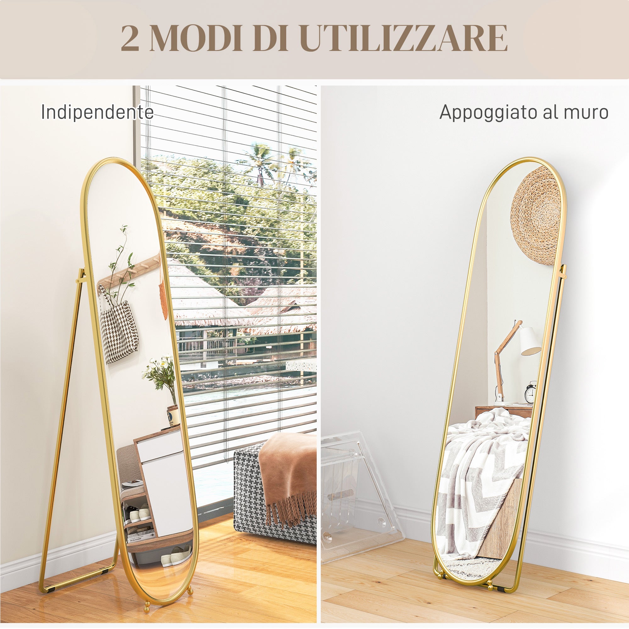 Miroir de sol moderne en pied, or, salon et couloir, pour chambre, MDF et métal, en verre, miroir vertical anti-explosion de 157x36 cm avec cadre - 9