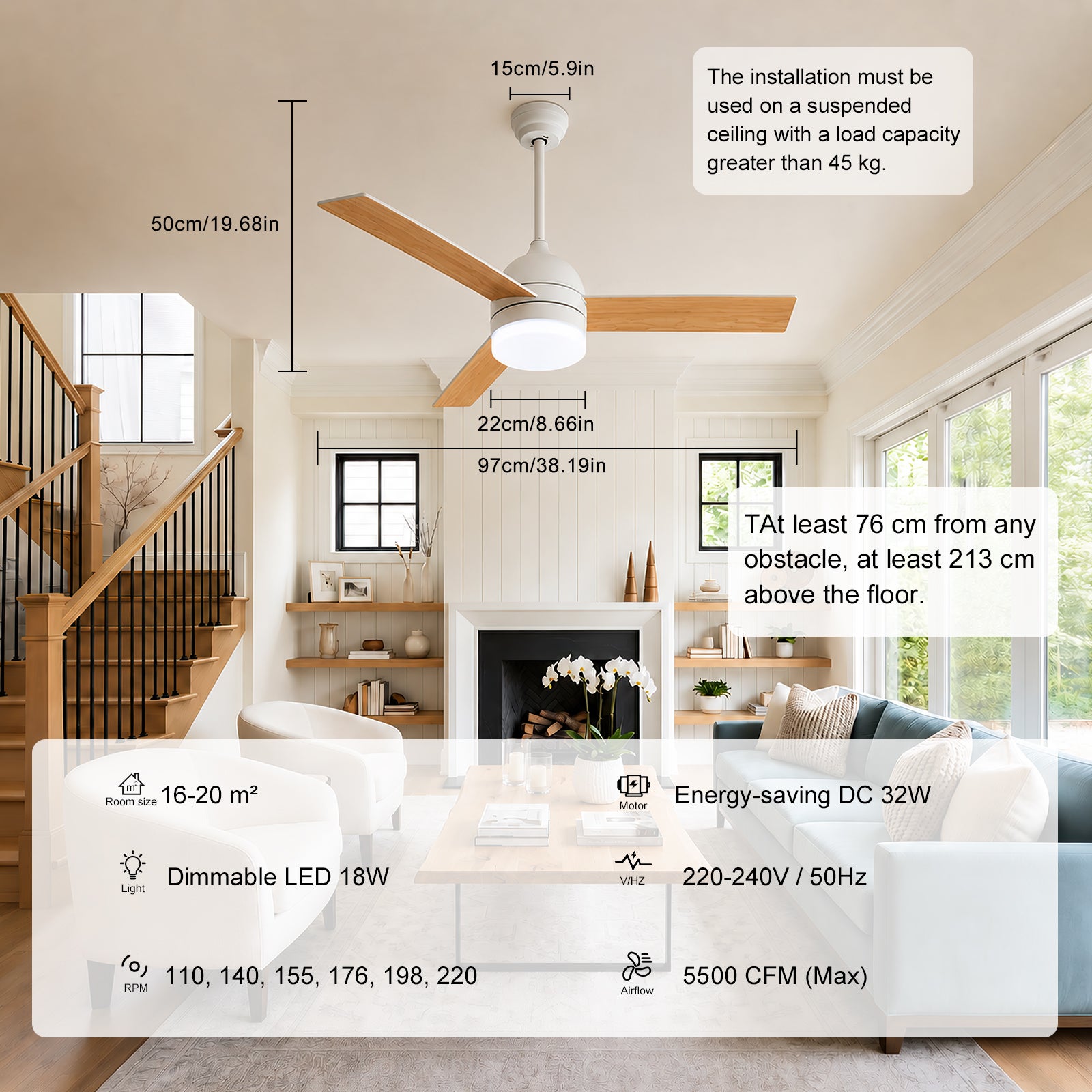 Ventilateur de Plafond Blanc LED 3 Températures CCT IP20, Plafonnier Ventilo Moteur DC avec Ajustement d'Éclairage LOVHAUS - 5