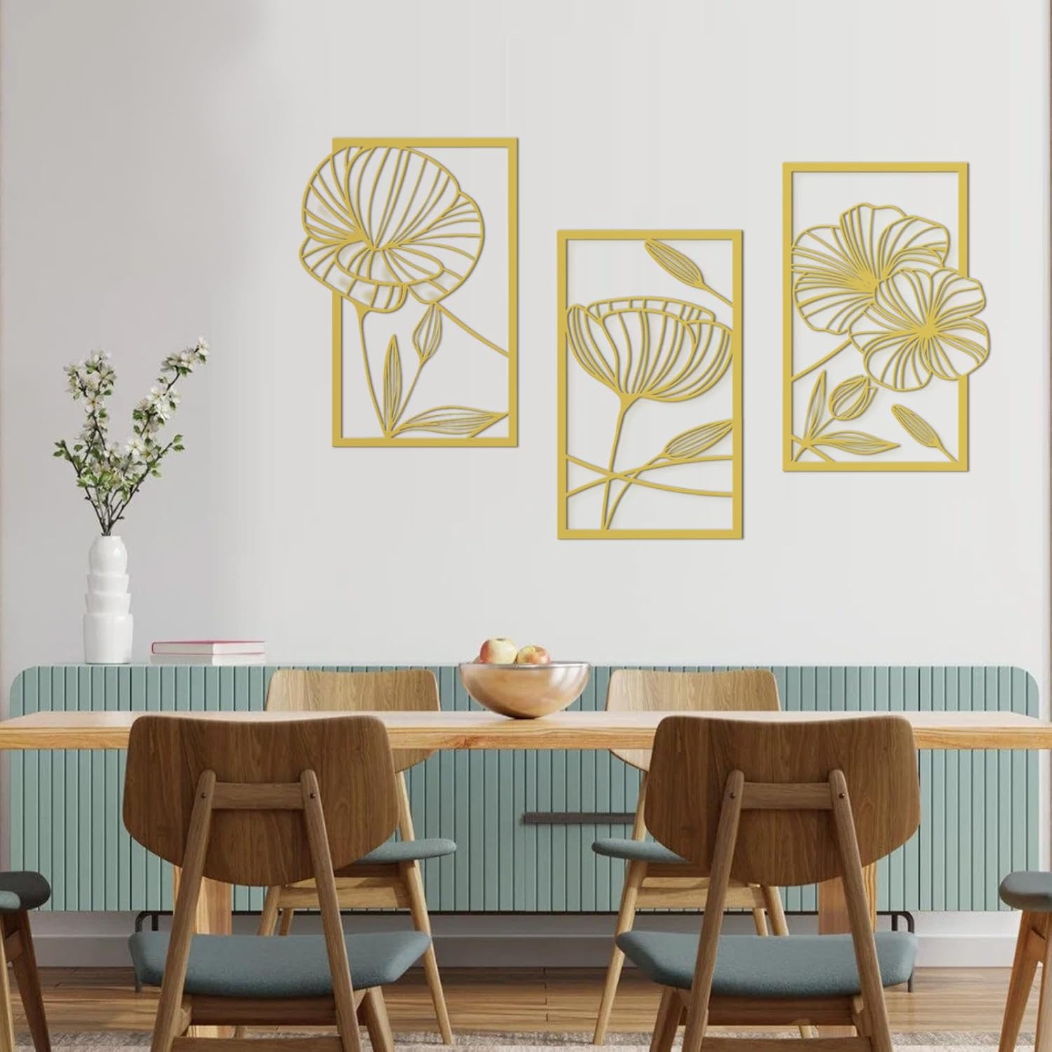 Lot de 4 décorations murales métal doré, 24x40cm. Sculptures murales modernes ligne unique fleur de lotus. Pour maison, bureau, salon, hôtel - 3
