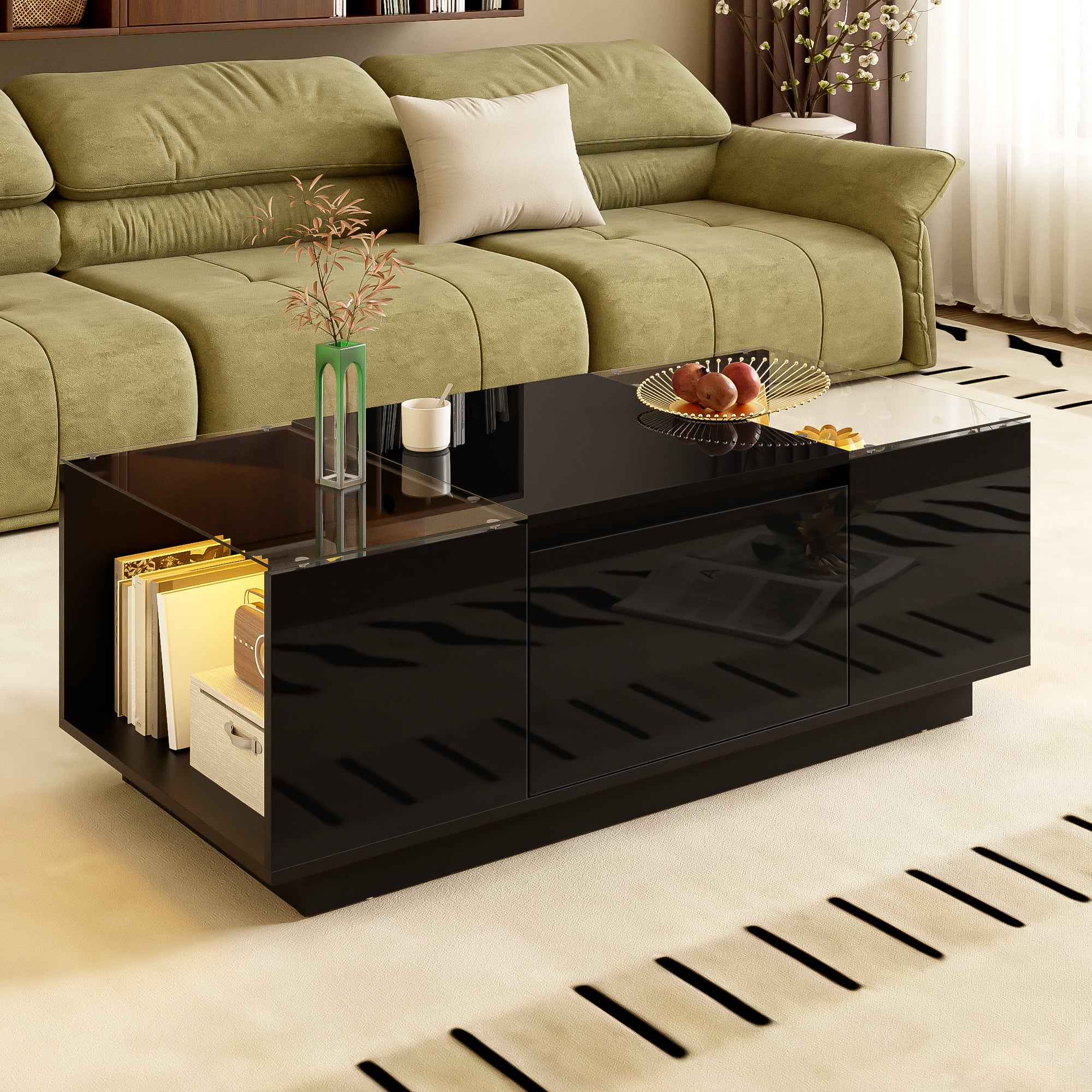Nowoczesna stolik kawowy 105×50×35 cm - szklany blat - z oświetleniem LED - 2 szuflady - otwarte półki - czarny