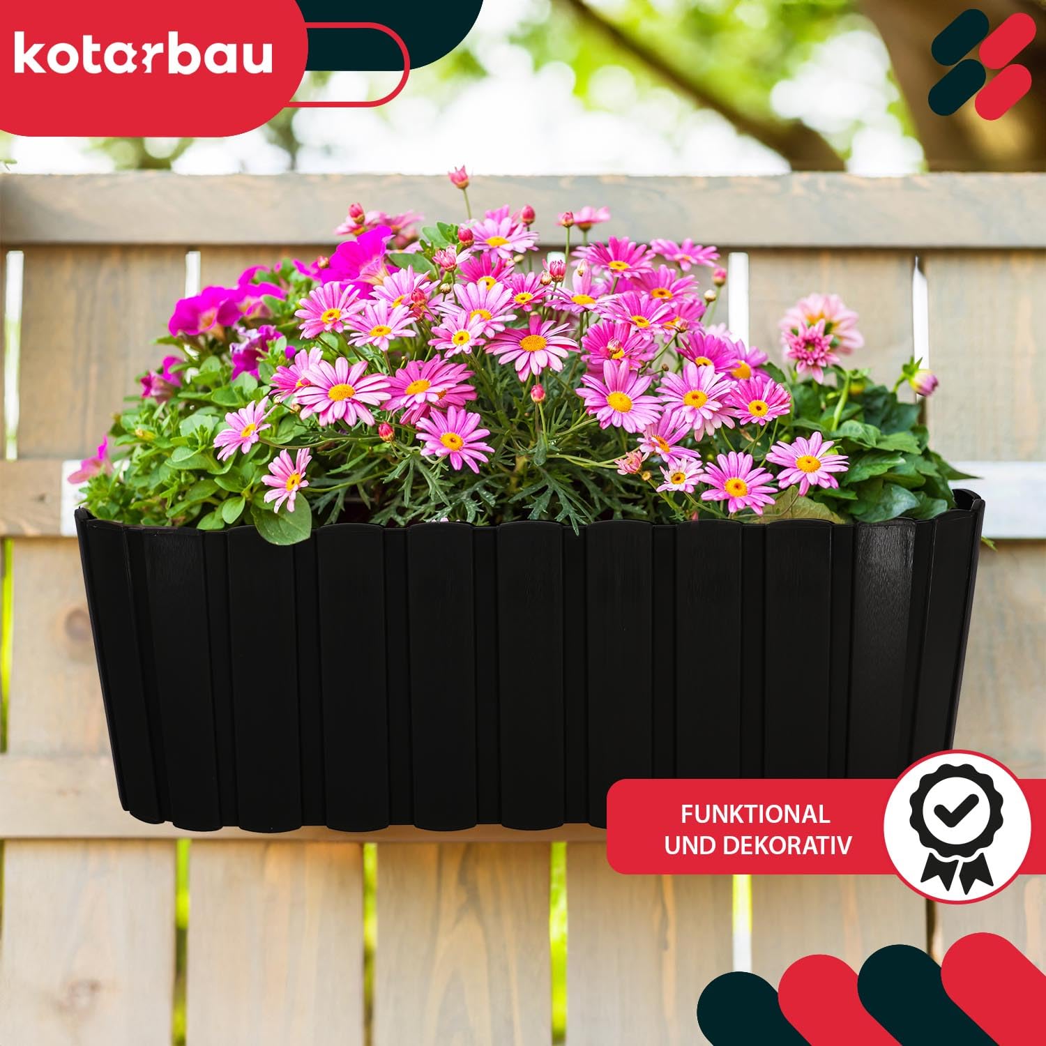 Fioriera da Esterno - Vasi per Piante da Esterno - 40 x 15 x 15 cm - Fioriera da Balcone - Rettangolare - PVC - Marrone - con Supporto - KOTARBAU - 2