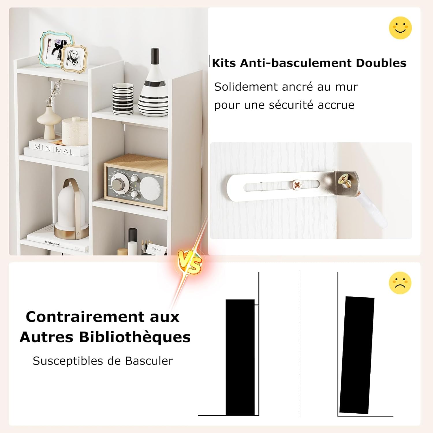 Librerías 160 cm con 12 Cubos, Estanteria Blanca Gran Capacidad con Kit Antivuelco, Estantería de Exhibición de Madera, Mueble Organizador, pa - 8