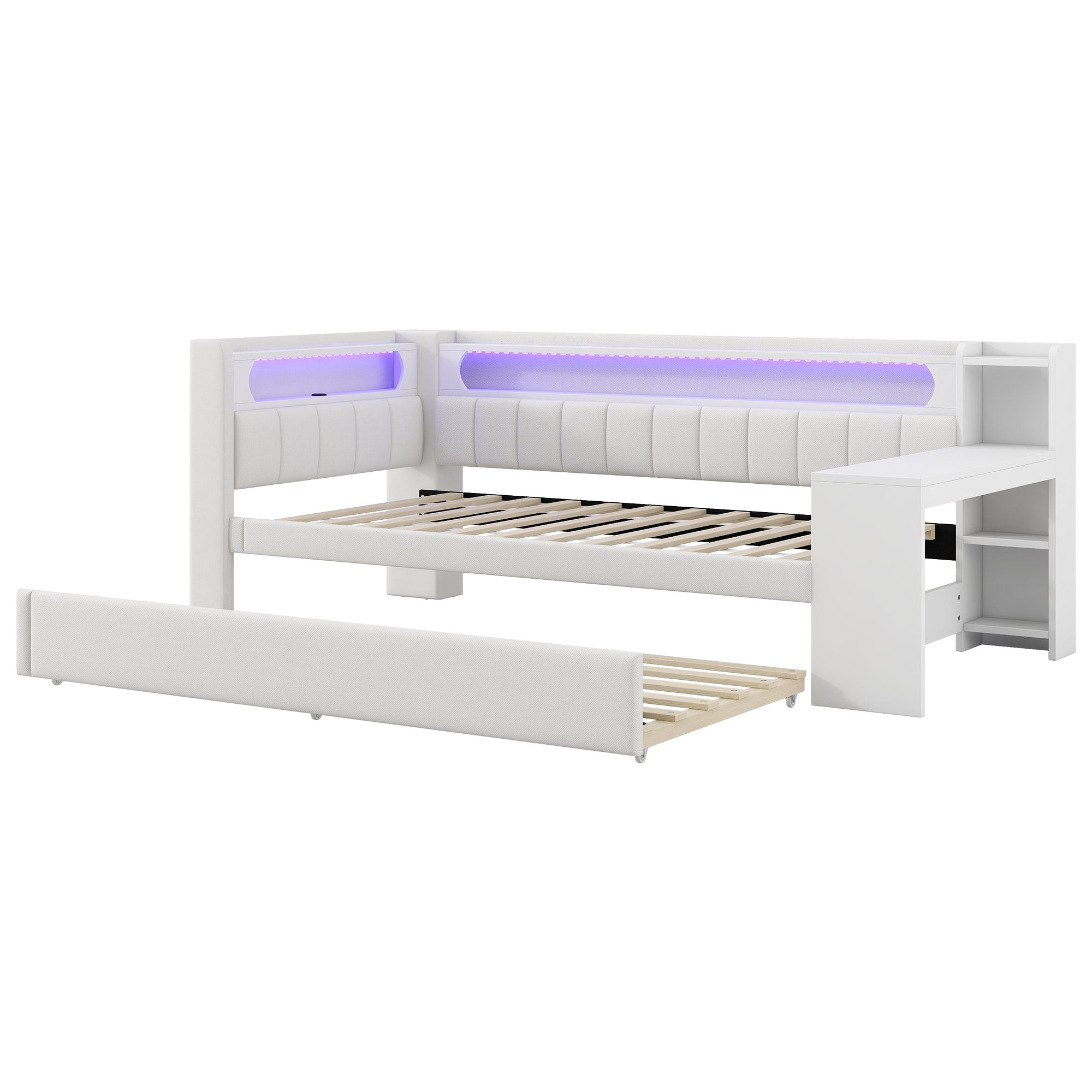 Łóżko wysuwane 90 x 200 cm z biurkiem, 2 szufladami i przegródkami - MDF + sklejka + tkanina lniana - port USB i diody LED - białe (bez materaca) - 7