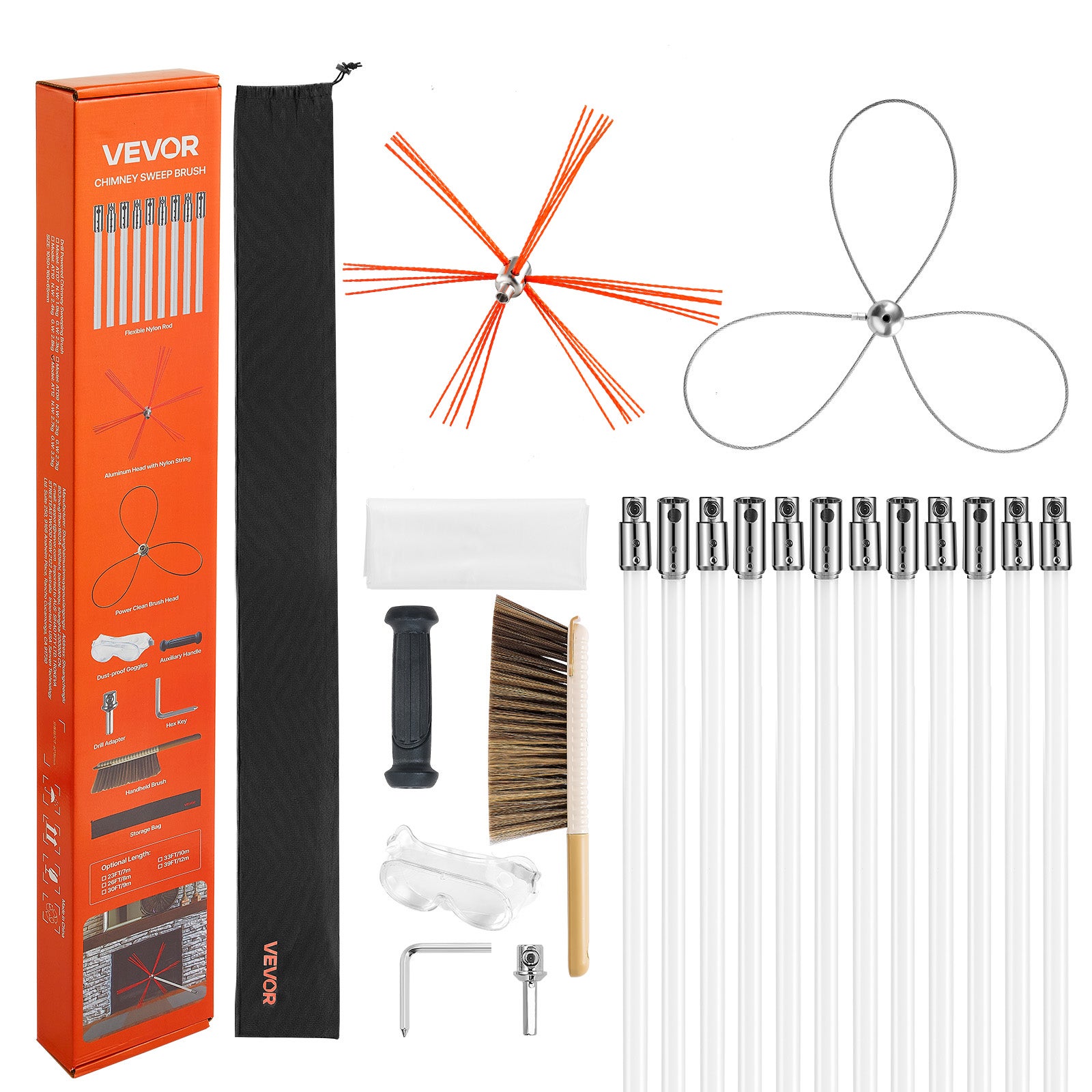 Set de ramburări VEVOR 12 m, ramburări pentru căminuri, periuță extensibilă, unelte de curățare, pentru căminuri pătrate, dreptunghiulare și arcuri