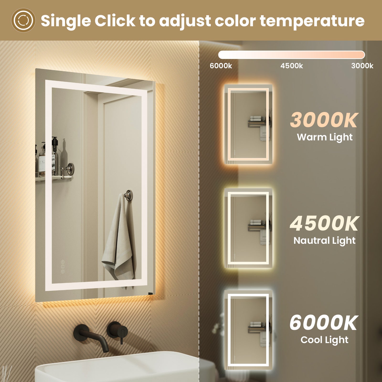 LED Miroir Lumineux+Tricolore + Anti-buée 100x60cm Salle de Bain Dimmable,Mémoire,Tactile - 4