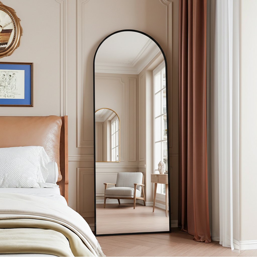 Miroir rond sur pied 162x53 cm - avec cadre en métal, grand miroir sur pied HD pour salon, chambre et dressing - Noir - 3