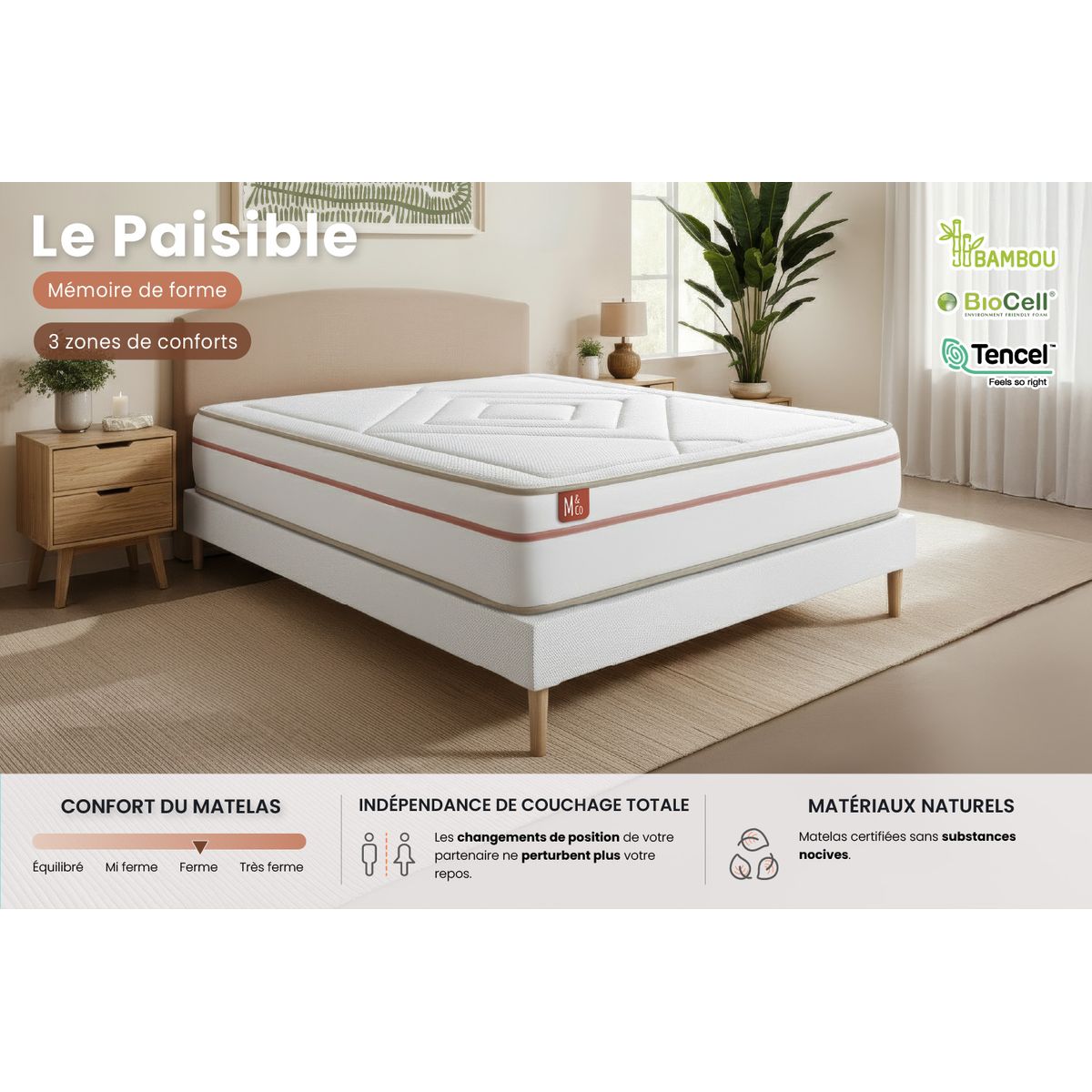 Matelas 160 x 200 cm Le Paisible - Mémoire de forme - Ep : 24 cm - sommier Beige avec 2 oreillers et couette - 3