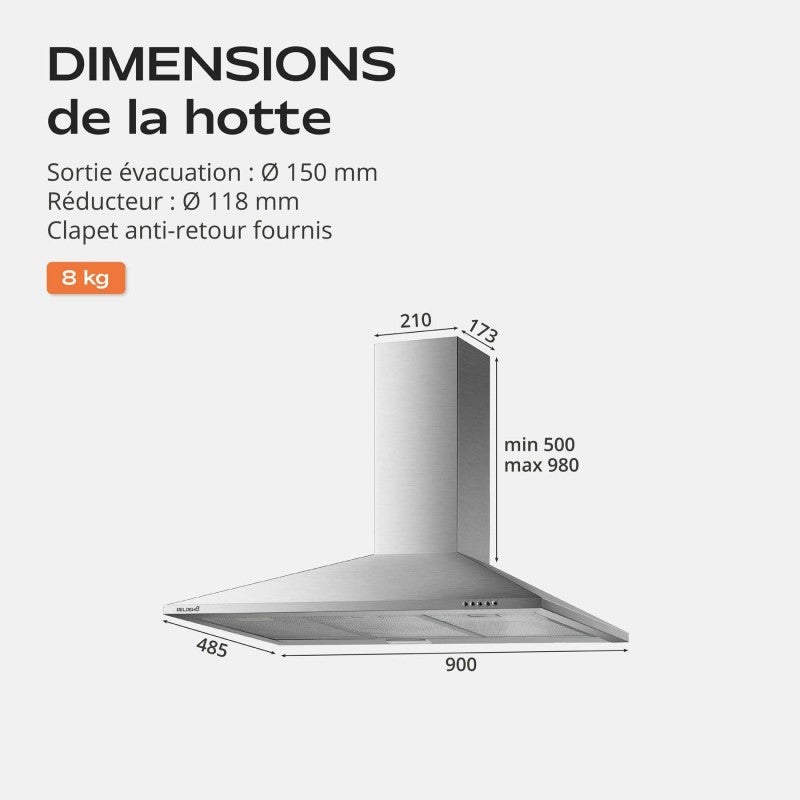 Hotte de Cuisine Décorative Inox 90cm - Pyramide 338 m3/h - Evacuation ou Recyclage - 8