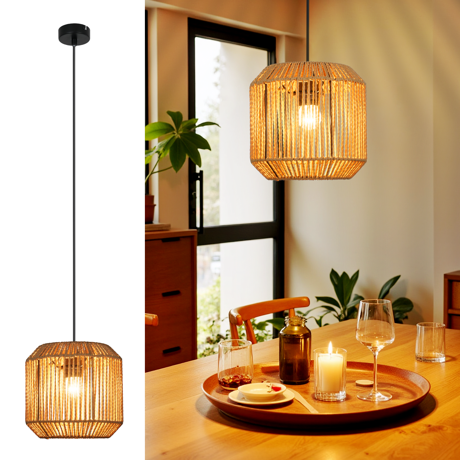 Nettlife Lampa wisząca 1-płomieniowa E27, Vintage, lina konopna, design latarni, Lampa do jadalni