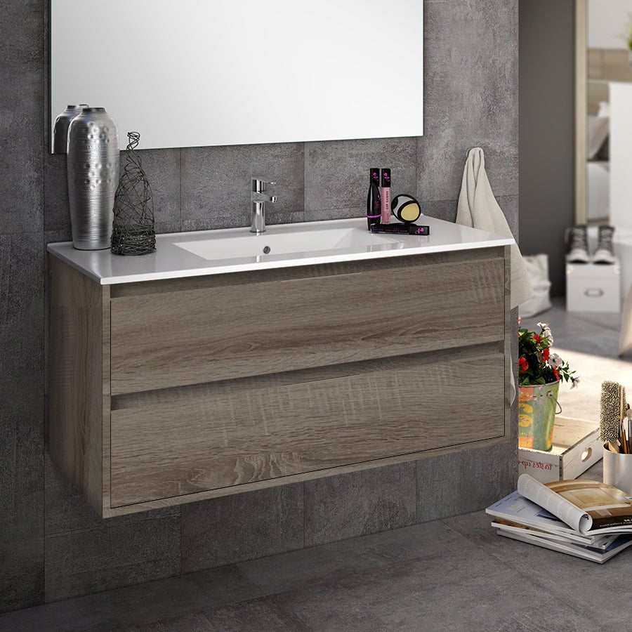Meuble de salle de bain 100cm simple vasque - 2 tiroirs - IRIS - britannia (chêne foncé) - 2