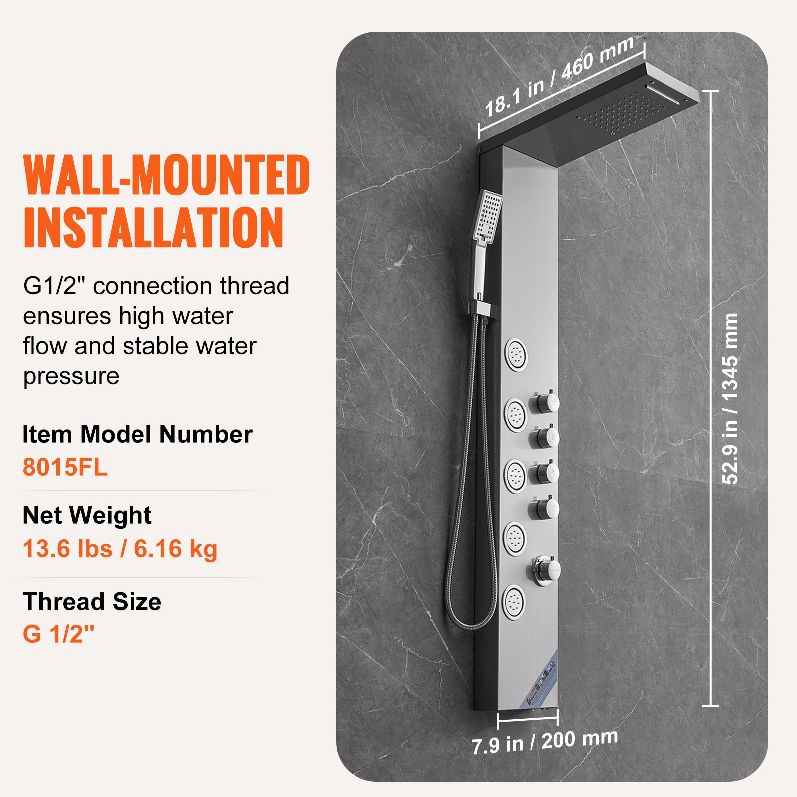 Sistema painel ducha 4 modos Chuva, Cascata, 5 jatos de massagem corporal e chuveiro manual com 3 ajustes, mangueira de 59