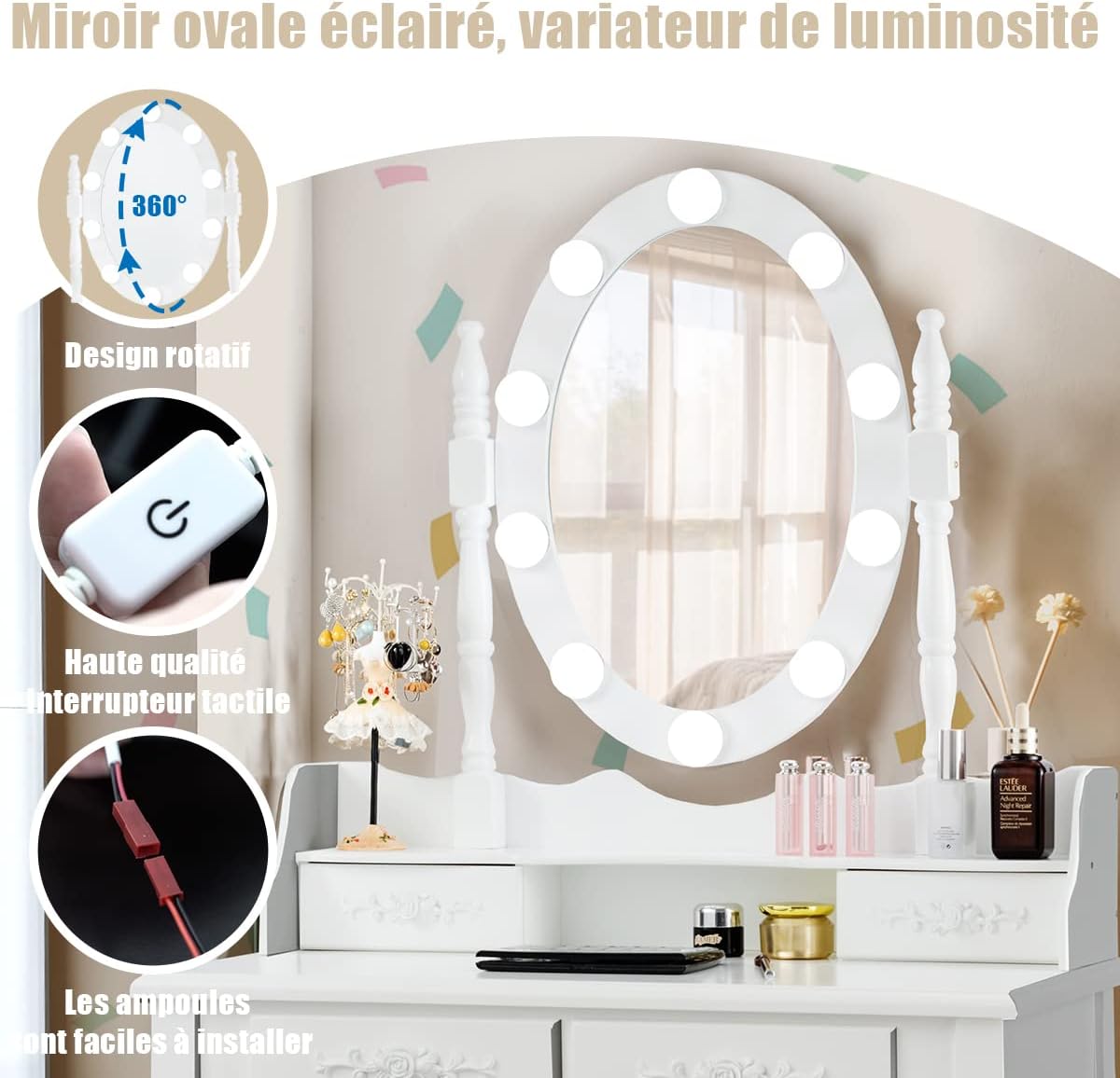 Toeletta da Trucco con 10 Luci LED, Tavolo da Trucco con Specchio Ovale Illuminato, Toeletta con 4 Cassetti e Sgabello Imbottito per Camera da - 3