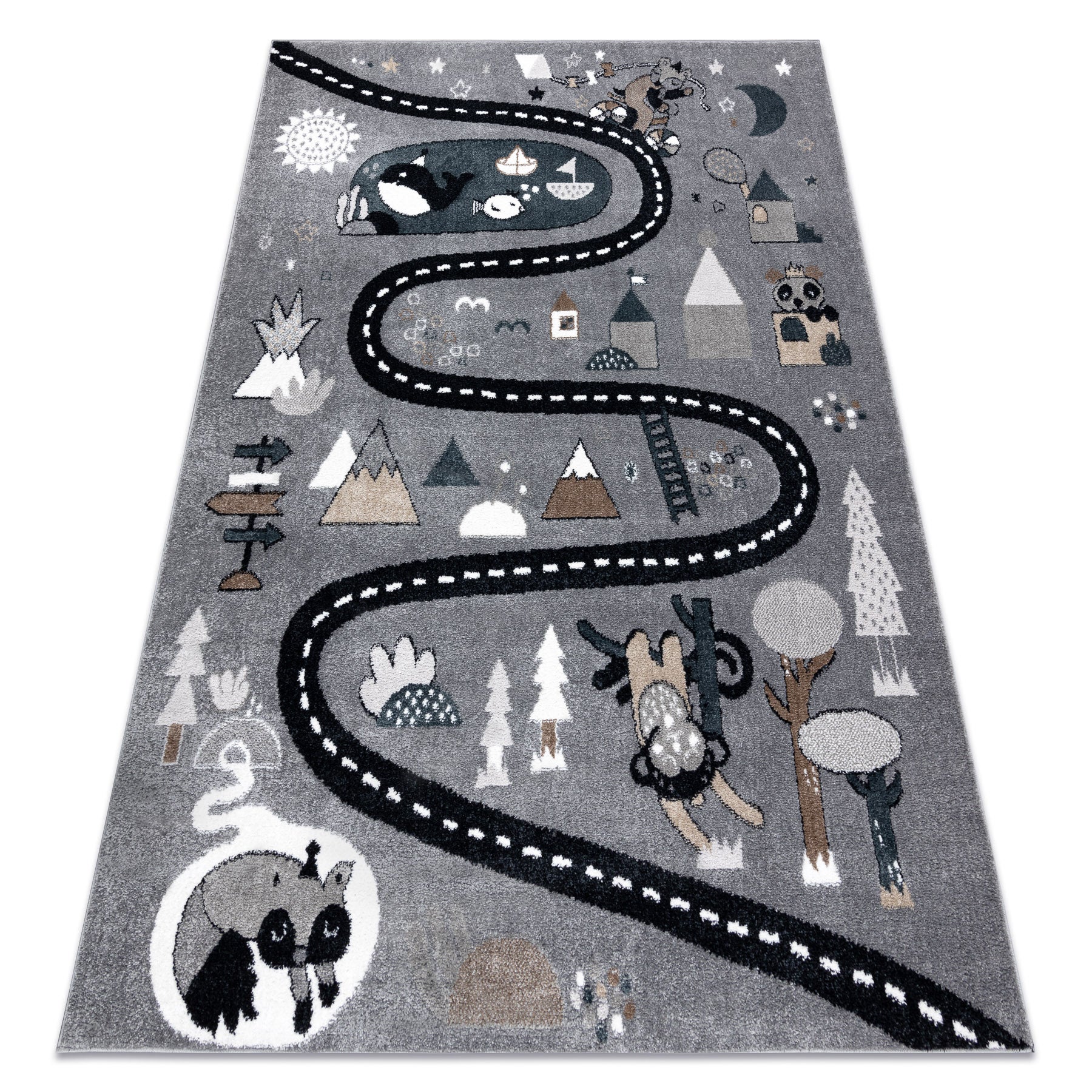 Dywan FUN Route dla dzieci, ulica, zwierzęta szary 180x270 cm