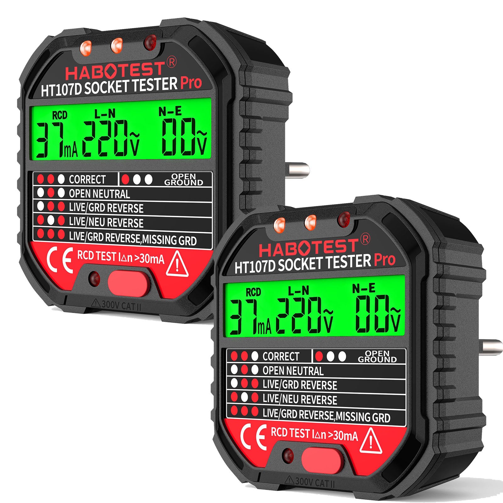 Tester gniazd HT107D (2 szt.), wskaźnik napięcia i prądu upływu z testem RCD i wyświetlaczem LCD, 90–250 V/45–65 Hz, CAT II 300 V
