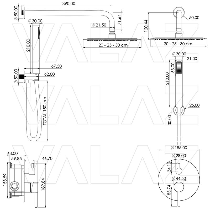 Valaz Douchette murale ronde chromée à encastrer - Série Jucar - 20 cm - 2