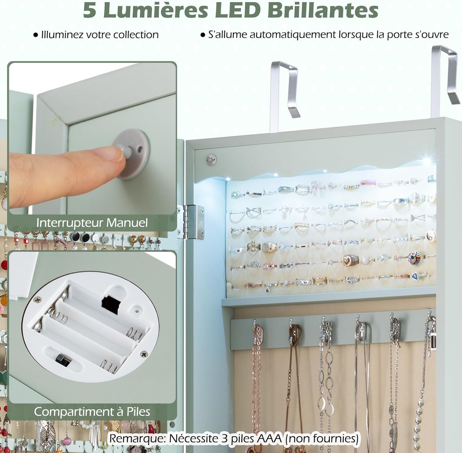 Armoire à Bijoux Mural avec Miroir et Lumière LED, Armoire de Rangement Mural, Accrochée à la Porte avec Serrure (Vert,Tiroir Nomal) - 3