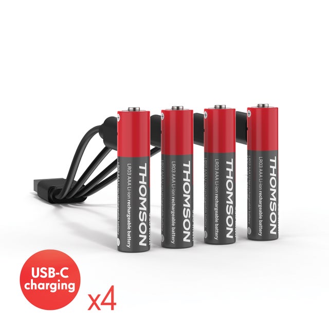 Conjunto de 4 pilhas recarregáveis AAA / LR03 Li-ion 1,5V USB-C com cabo USB múltiplo - 520302 - Thomson