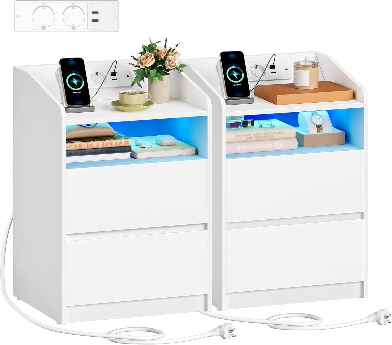 Table de Chevet Lot de 2, Tables d’Appoint, 2 Port USB-A, 2 Port USB-C ...