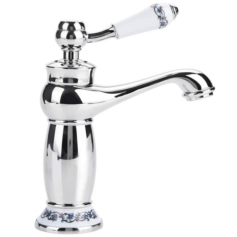 Mosiężny ceramiczny kran umywalkowy, bateria umywalkowa z długą szyjką i wzorem kwiatowym, z dopływem ciepłej i zimnej wody.