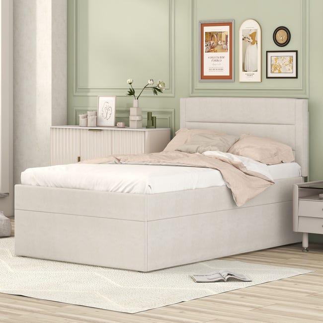 Letto contenitore singolo 90x200 cm in lino beige, Apertura