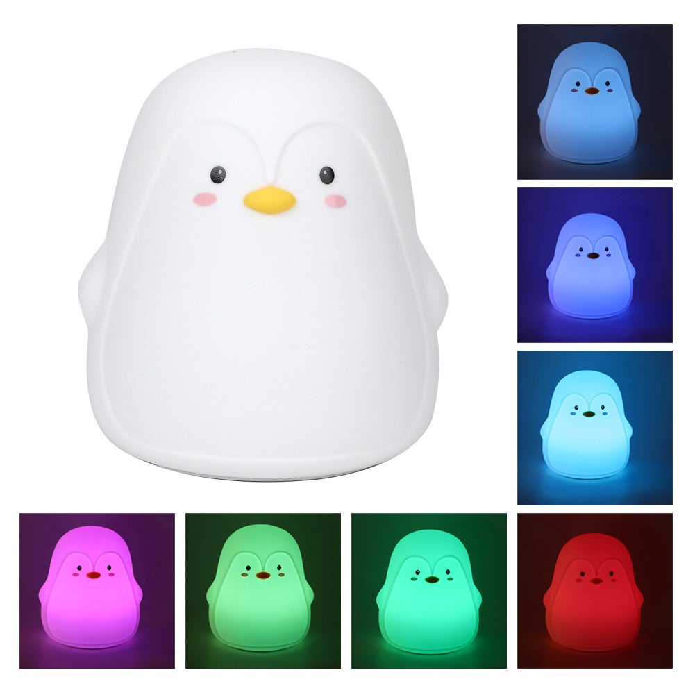 Lampka nocna Pingwin, lampka nocna LED ładowana przez USB, silikonowa, dla dzieci, z ciepłym białym światłem i trybem oddychania 7 kolorów