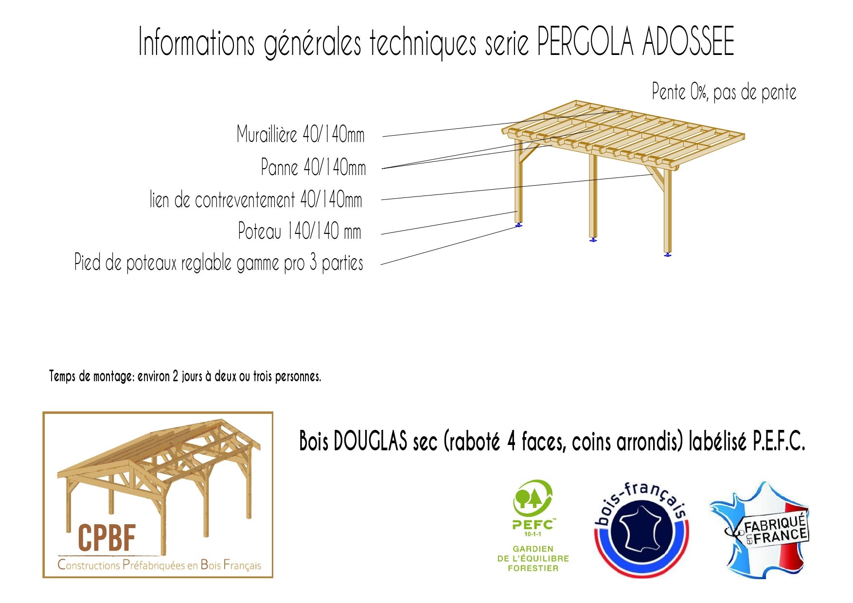 Charpente pergola adossée 500cmx500cm, Bois DOUGLAS Français label PEFC (Carport - Auvent - Abri terrasse), surface 25 m². - 5